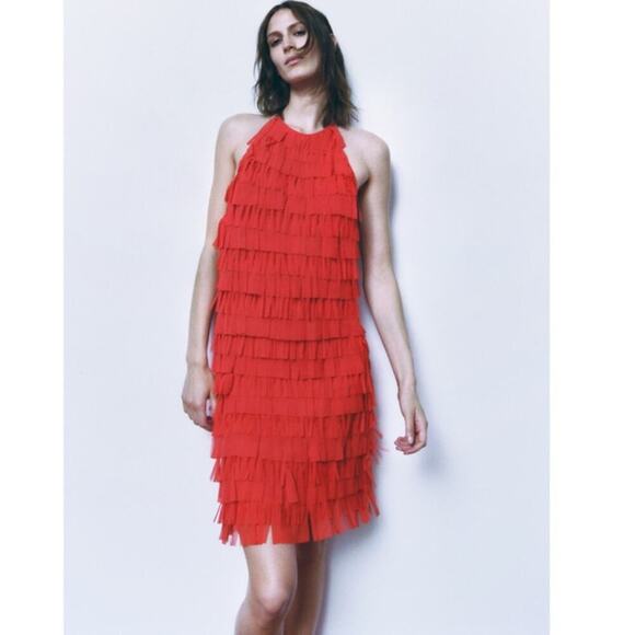 Zara FRINGED TULLE HALTER DRESS Size Small - Picture 4 of 13